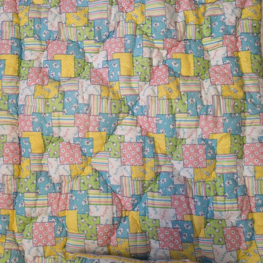 Vintage Quiltex Downlon Baby Crib Blanket And Pillow Patchwork Pink Blue Stripes